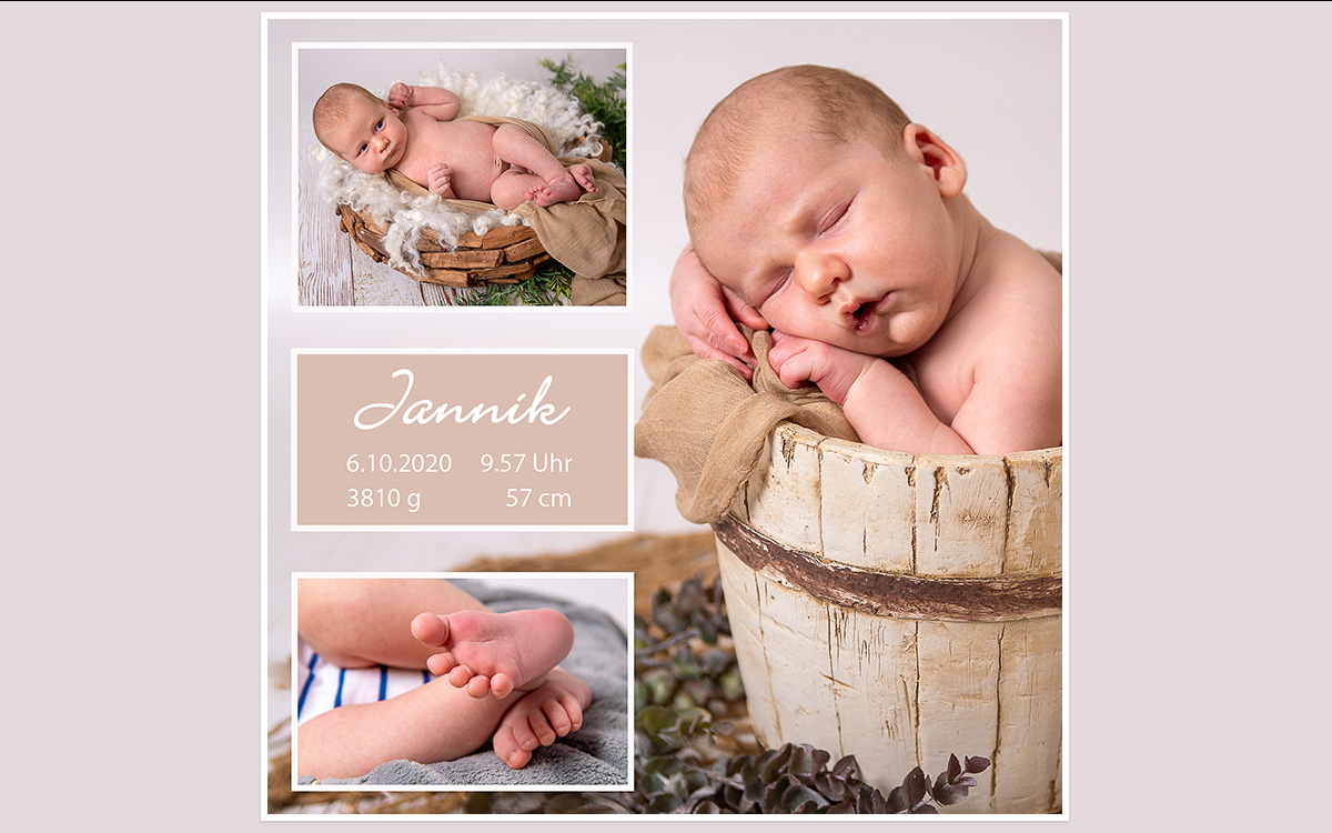 Postkarte von Jannik, geboren am 6.10.2020 um 9:57 Uhr. Rechts liegt das Baby Jannik in einem Eimer und schläft.